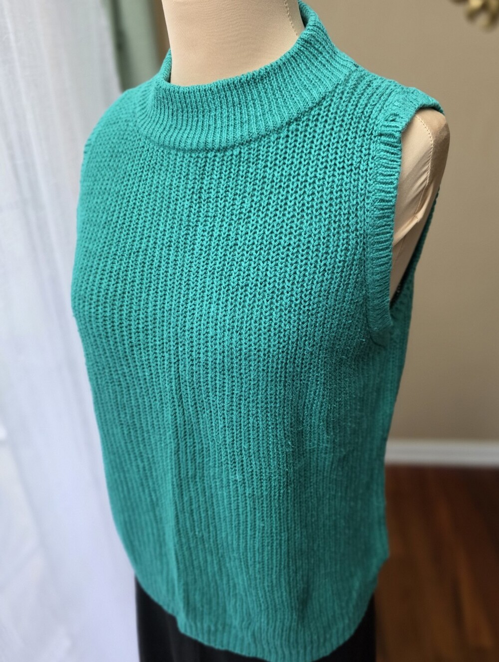 Vintage Ramie Cotton Sweater Vest M Teal Mock Neck Ribbed Knit Boundary Waters